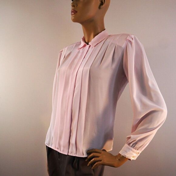 Marlis Vintage Blouse Sz 8 Pleated Front Long Sleeve Blush Pink Shoulder Pads - Picture 3 of 10